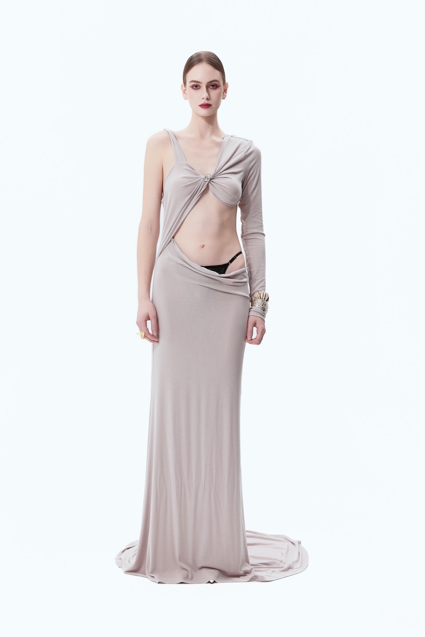 One-Sleeve Cut-Out Draped Gown in Gray, front view