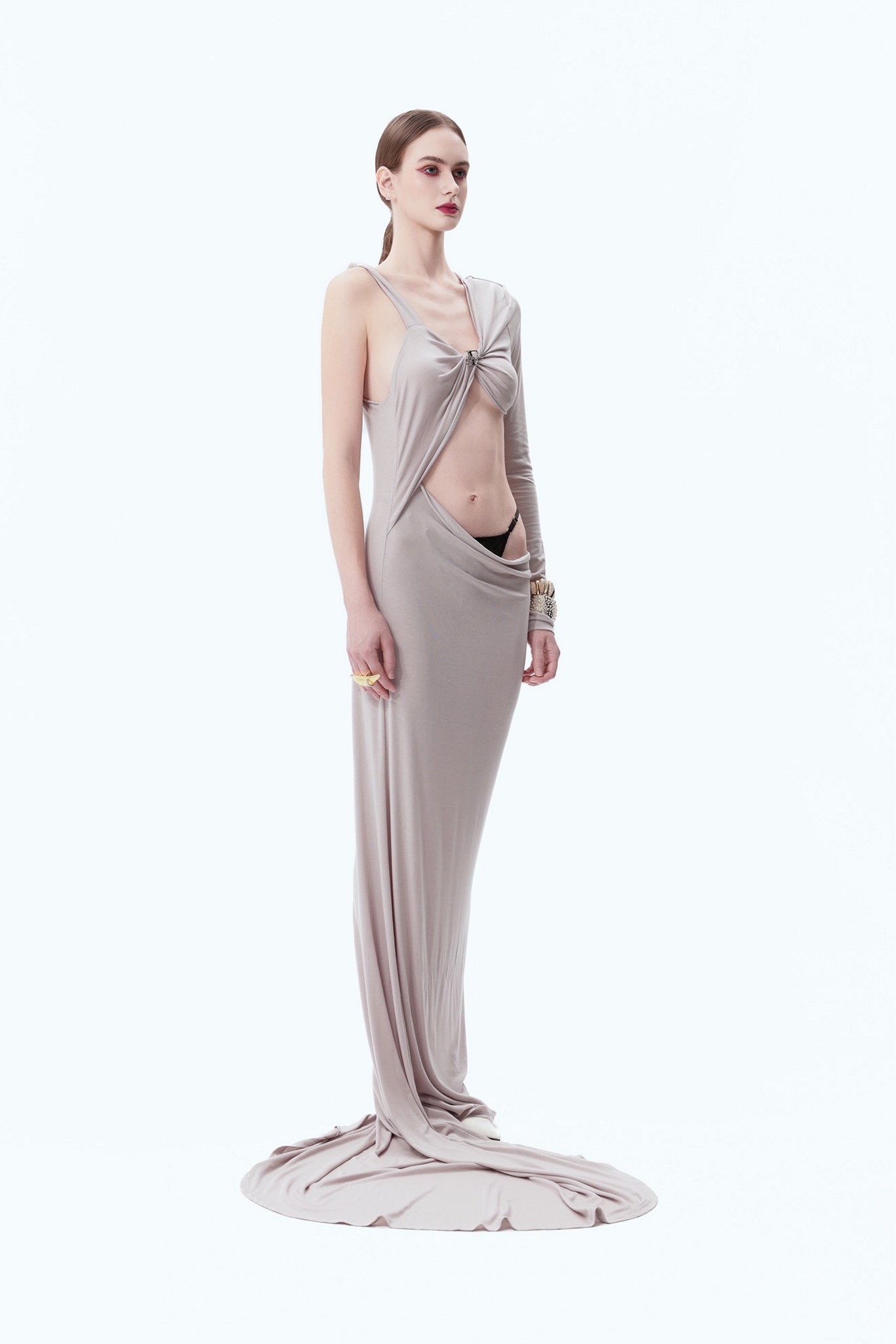 One-Sleeve Cut-Out Draped Gown in Gray, side view