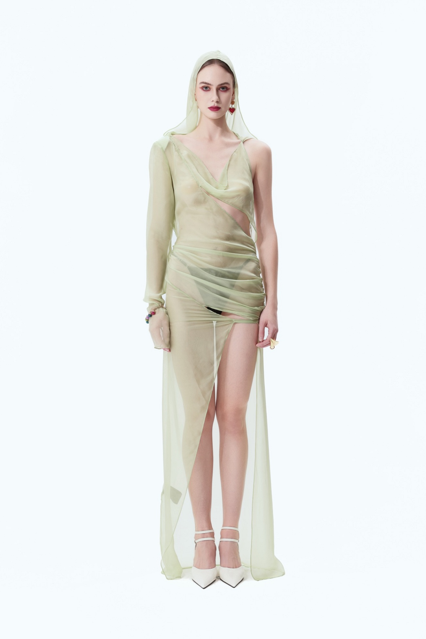 Silk Hooded Open-Back Gown in Light Green, front view