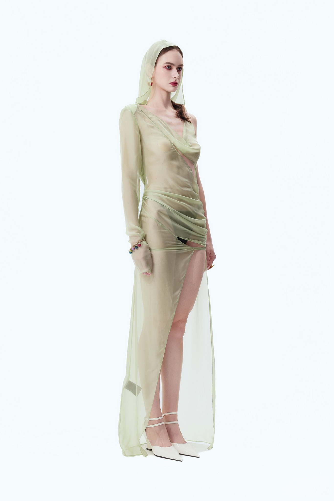 Silk Hooded Open-Back Gown in Light Green, side view