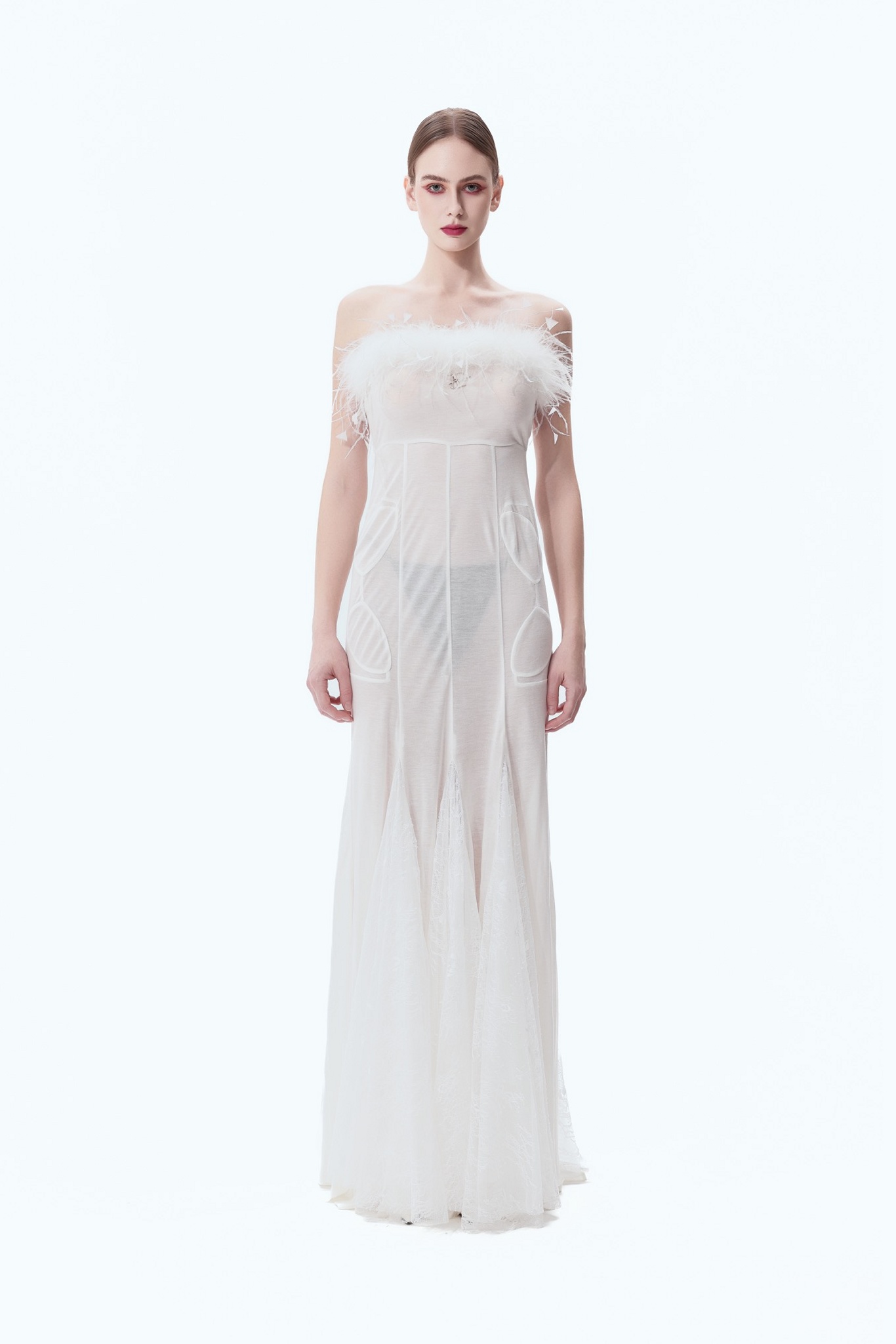 Feather-Trim High-Waist Fishtail Gown in White, front view