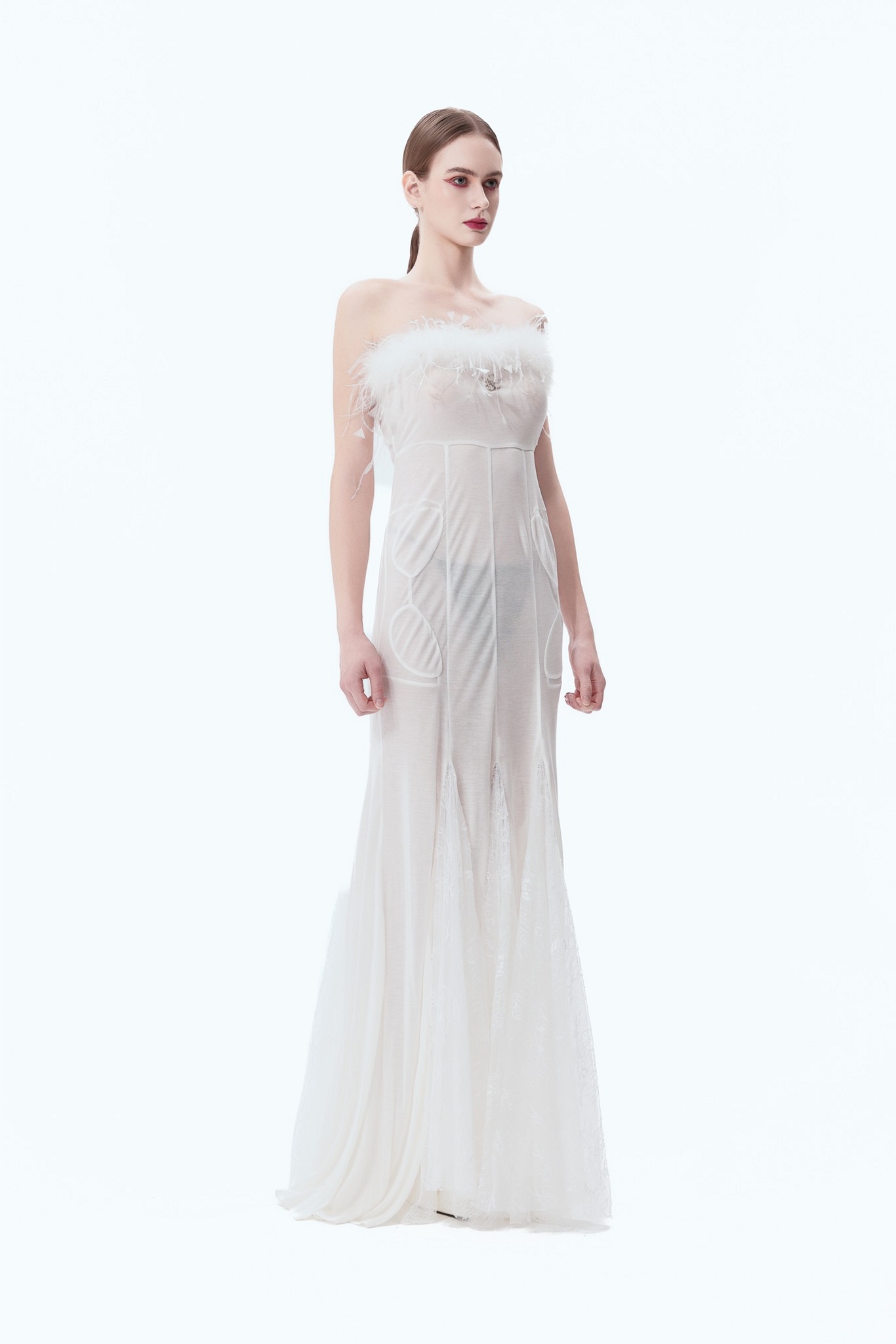 Feather-Trim High-Waist Fishtail Gown in White, side view