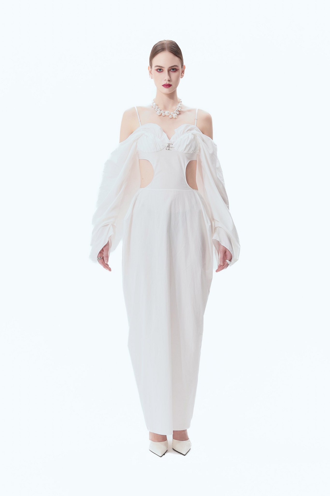 Court Voluminous Cocoon Dress in White, front view